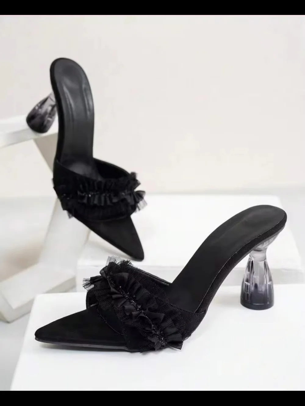 Black Pointed Toe Ruffle Slide Heels - Picture 1 of 4